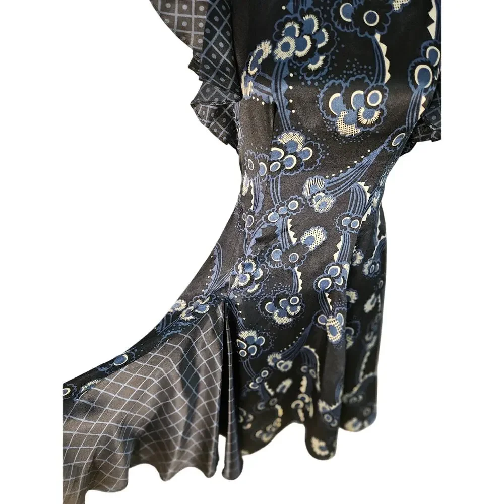 Celia Birdwell Top Shop Blue Floral Dress Vintage Ruffled Open Back Silky Sz 8 - Picture 9 of 13